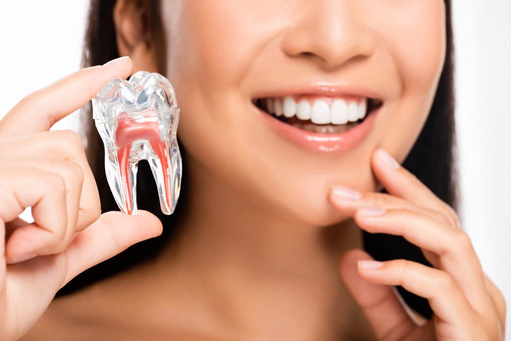 Am I a Good Candidate for Dental Veneers? 2 cropped view of smiling woman holding tooth model 4CXUSRT min